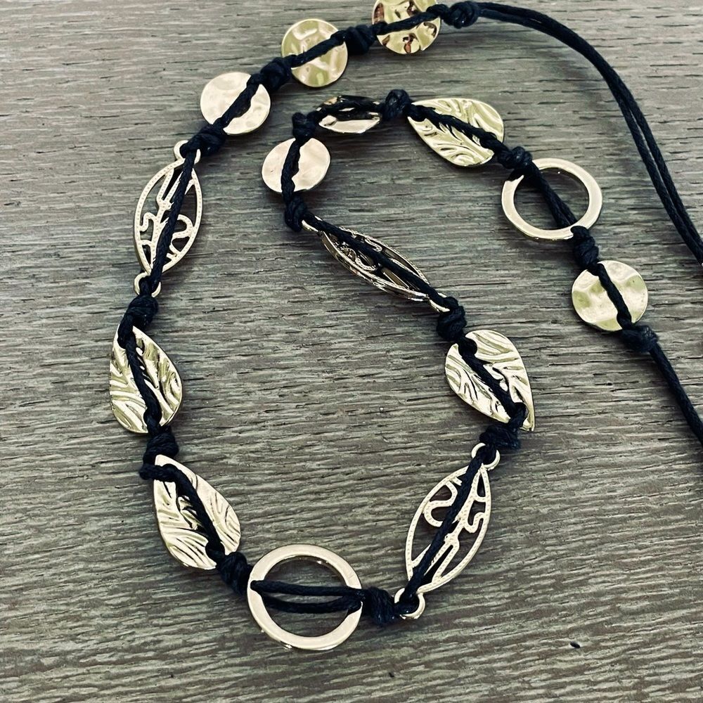 Gold Leaves Black Cord Leaf Charm Accent Necklace